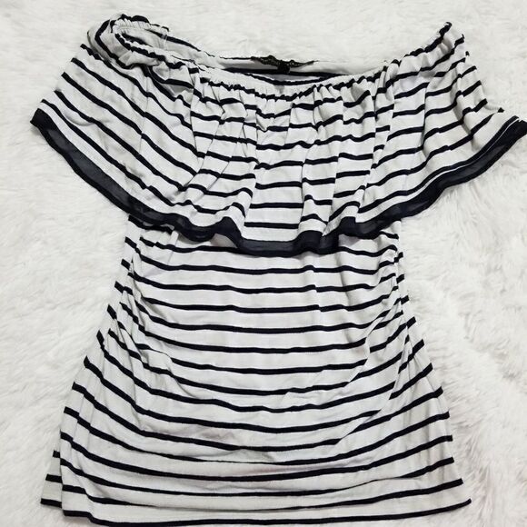 WHBM Blue & White Striped Two Tone Classy Dressy Ruffle Off the Shoulder Blouse  - Picture 6 of 9
